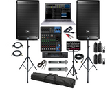 Karaoke audio equipment set with speakers, mixer, laptop, and microphones on a white background