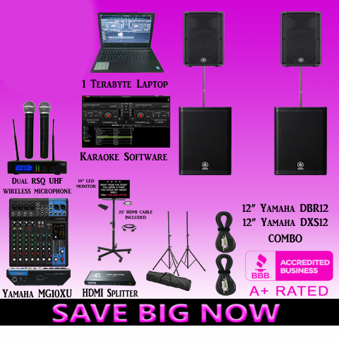 Professional Laptop Karaoke System with Yamaha DBR12 Powered Speakers 2000 Watts DXS12 Powered Subwoofers