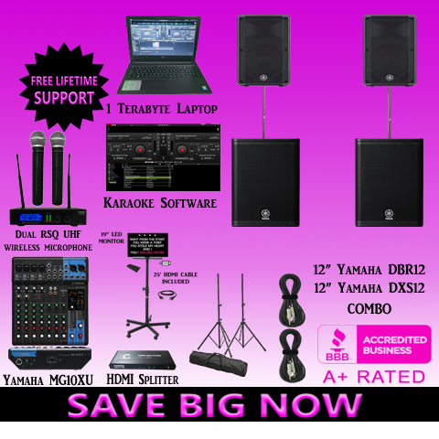 Professional Laptop Karaoke System with Yamaha DBR12 Powered Speakers 2000 Watts DXS12 Powered Subwoofers